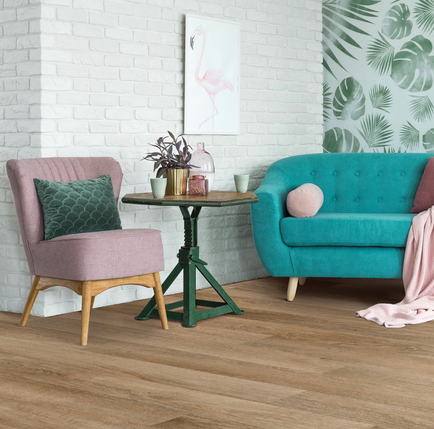 Living room with wood-look luxury vinyl flooring from Novakoski Floor Covering in Anderson, IN