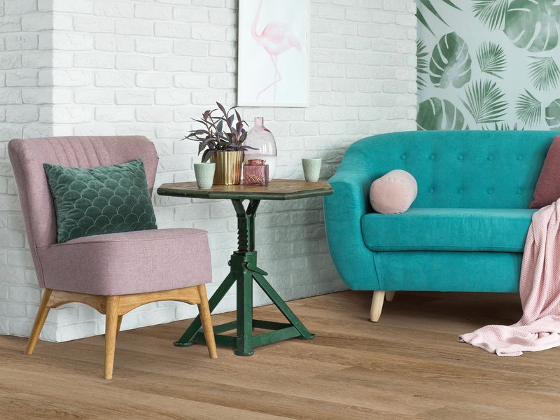 Living room with wood-look luxury vinyl flooring from Novakoski Floor Covering in Anderson, IN